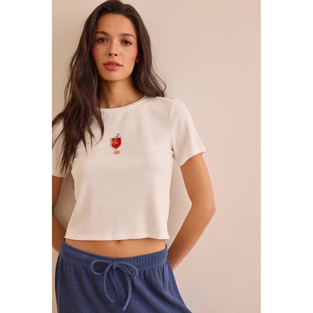 Altar'd State White Ribbed Beaded Cocktail Glass Baby Tee Top Size Small